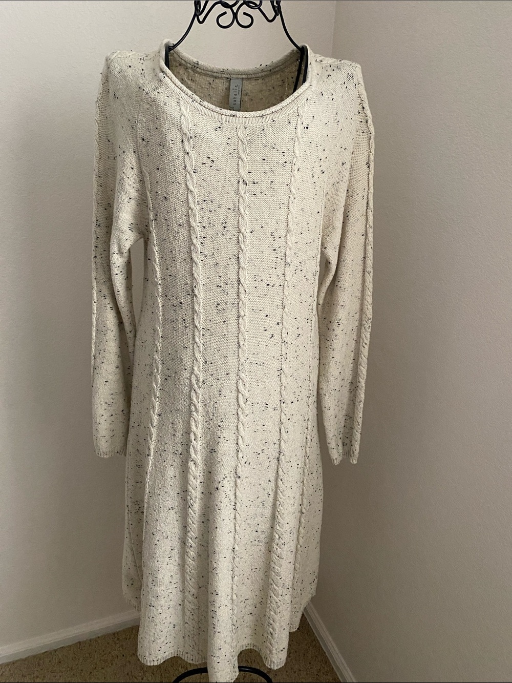 sahalie Cream Speckled Cable-Knit Scoop Neck Sweater Dress